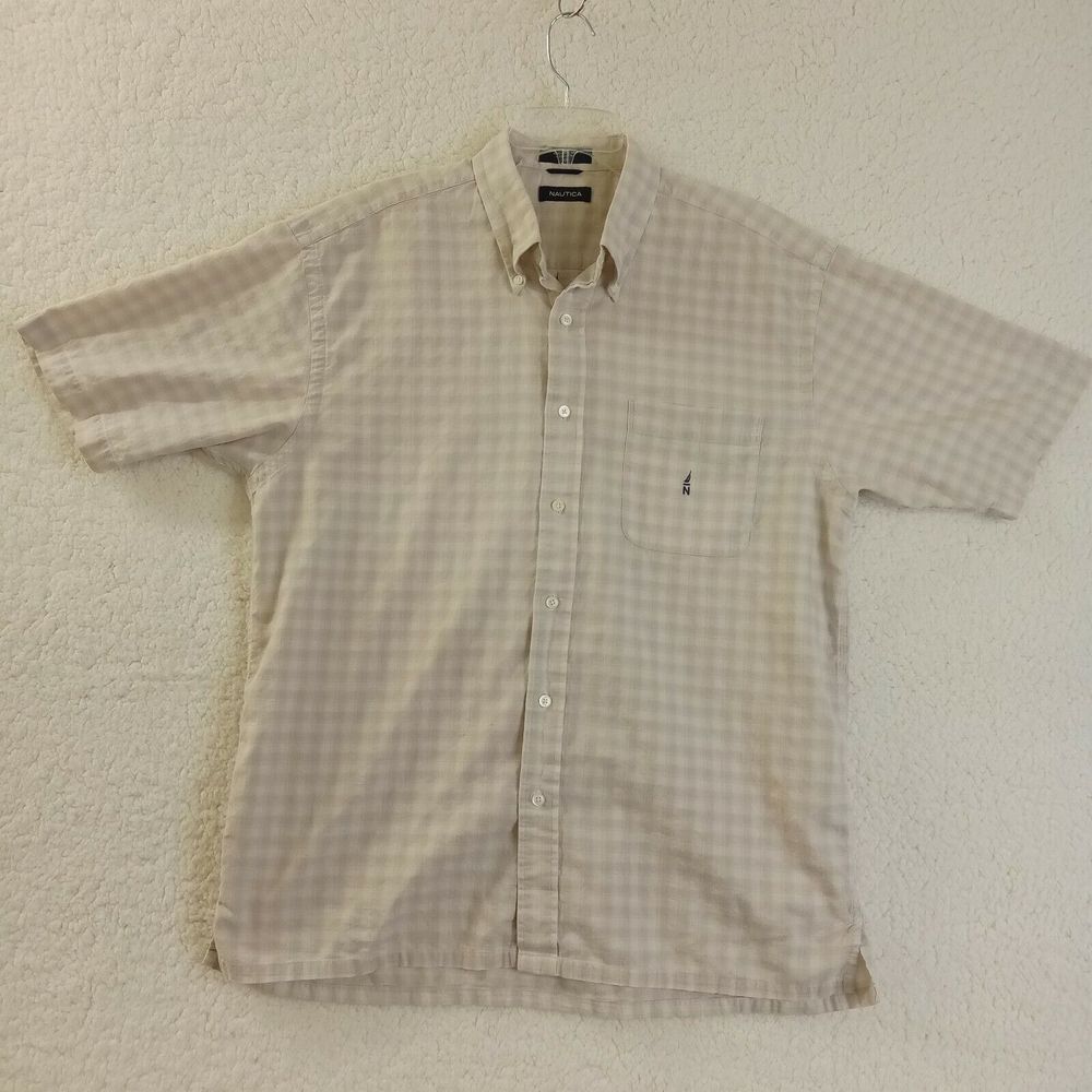 Nautica Shirt Mens Extra Large XL Short Sleeve Button Up White Tan Checker